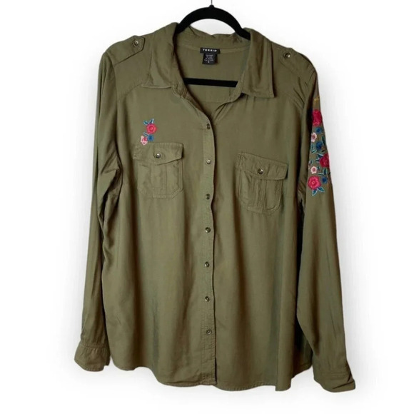 Torrid Green Embroidered Twill Button Shirt - Picture 4 of 11